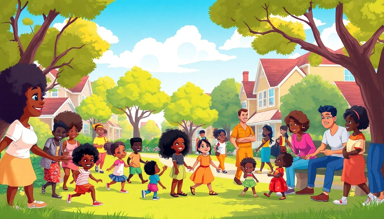Diverse African American Cartoons characters beautifully illustrated in a vibrant neighborhood park scene.