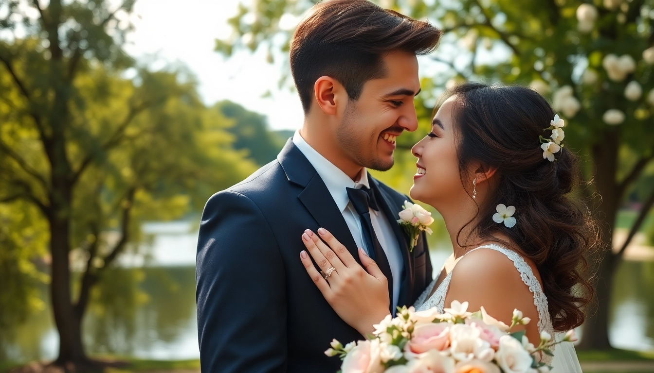 Stunning wedding photography of a couple embracing in a beautiful outdoor setting.