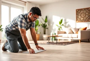 Skilled tradesperson installing stylish tile patterns in a modern interior.