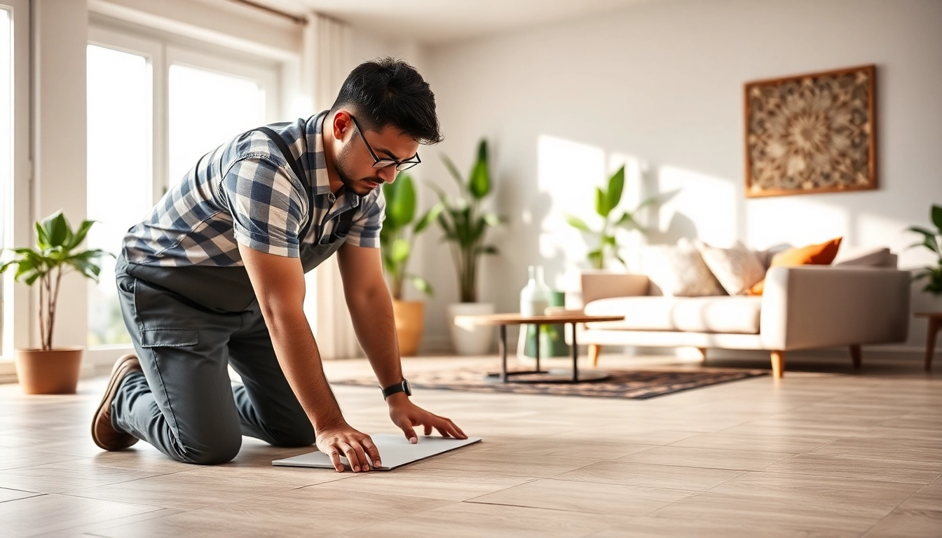 Skilled tradesperson installing stylish tile patterns in a modern interior.