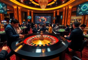 Joueurs engagés au meilleurs casino en ligne pariant sur une roue de roulette luxueuse.