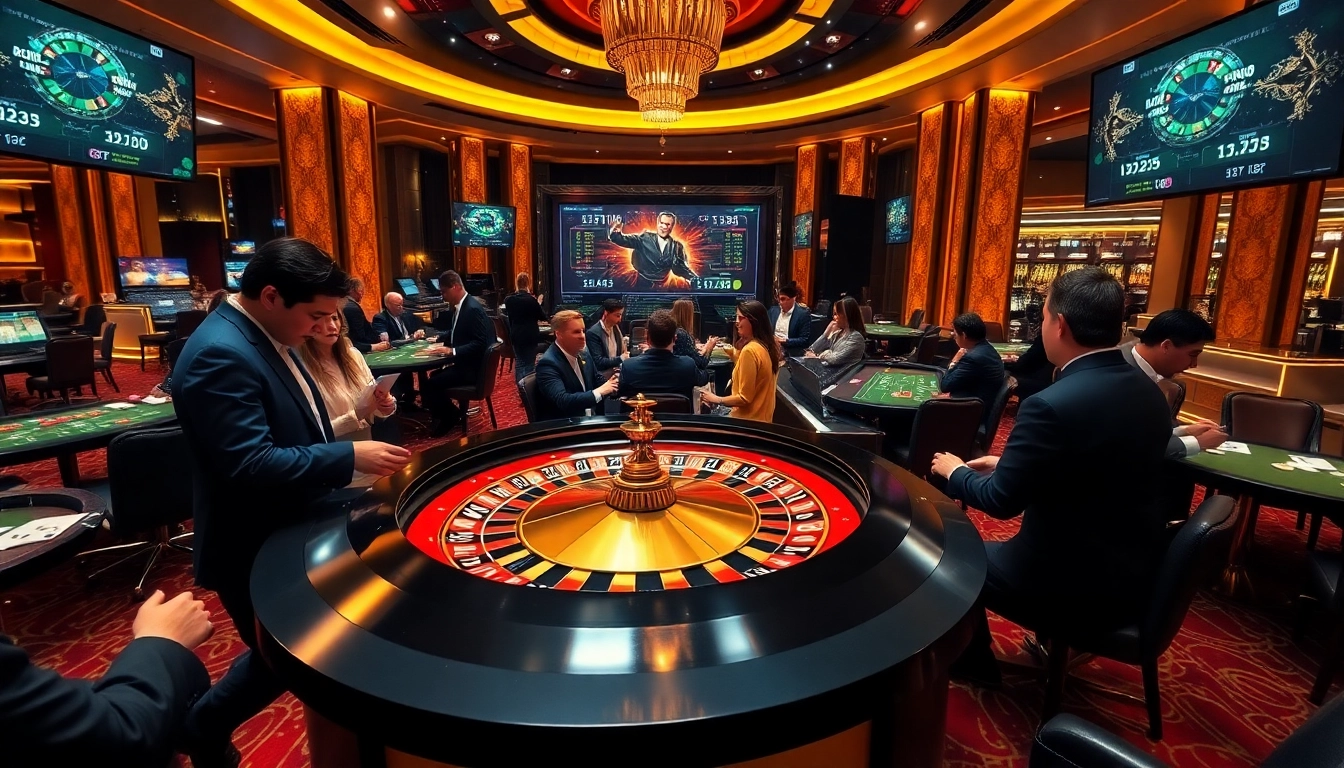 Joueurs engagés au meilleurs casino en ligne pariant sur une roue de roulette luxueuse.