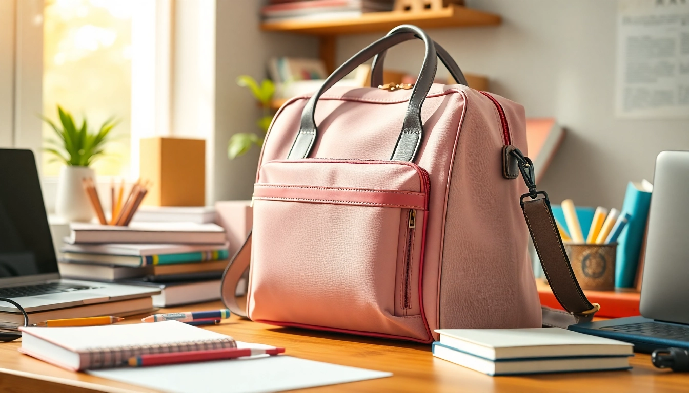 Handtasche für Schulen auf einem Schreibtisch mit Schulmaterialien praktisch arrangiert.
