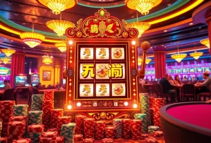 Winning at the nổ hũ slot machine in a luxurious casino setting filled with vibrant chips and tables.