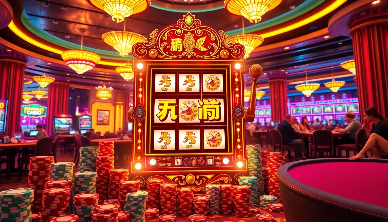 Winning at the nổ hũ slot machine in a luxurious casino setting filled with vibrant chips and tables.