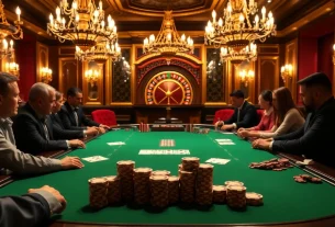 Scène vibrante mettant en avant les meilleurs casino en ligne avec des joueurs à une table de poker et des jetons colorés.