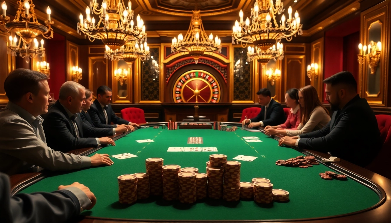 Scène vibrante mettant en avant les meilleurs casino en ligne avec des joueurs à une table de poker et des jetons colorés.
