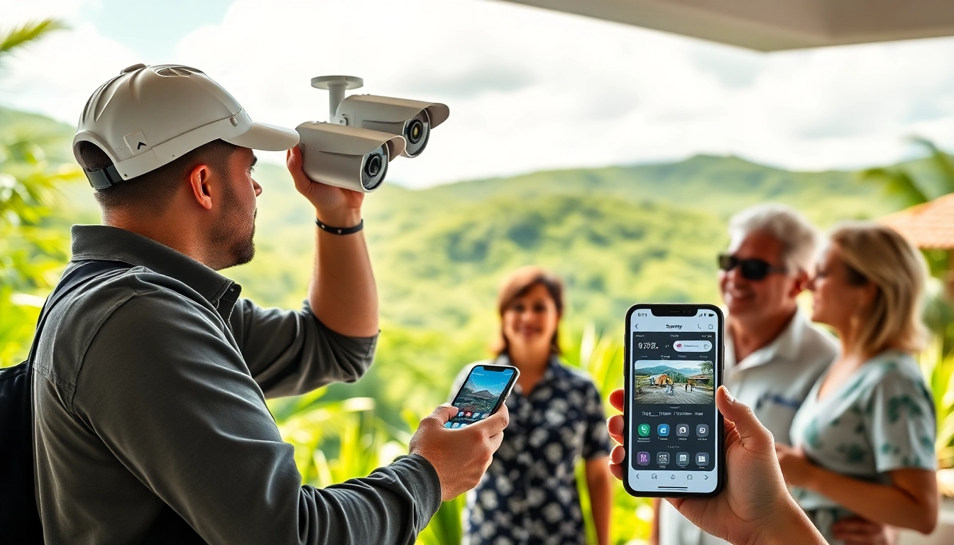 Cámaras de seguridad en Guanacaste siendo instaladas profesionalmente en un hogar, destacando tecnología avanzada y experiencia local.