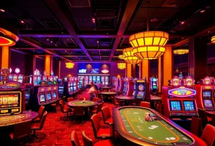 Melihat hoki77 login pada mesin slot berwarna cerah di kasino yang ramai.