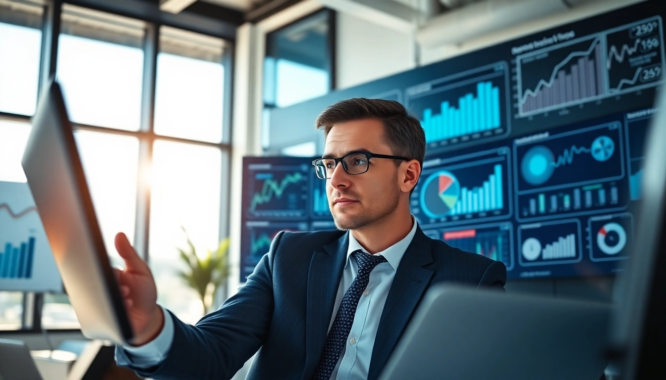 Analyzing B2B competitive intelligence data with dynamic visuals in a modern office.