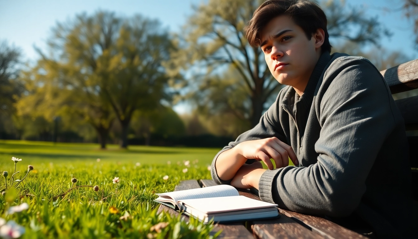 Individual reflecting on depression symptoms while sitting in a park.
