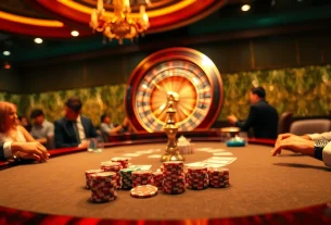 Vivez le frisson des meilleurs casino en ligne à une table de poker luxueuse entourée de joueurs engagés.