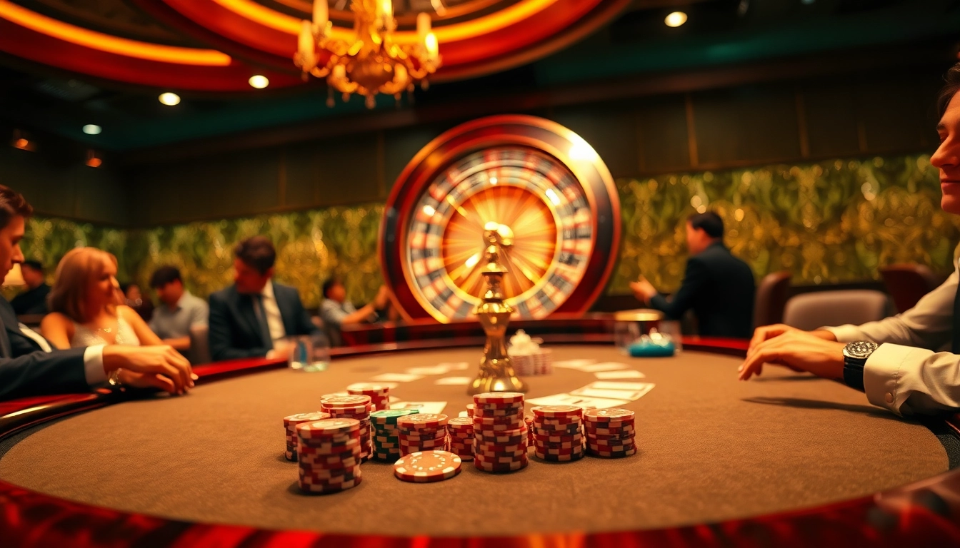 Vivez le frisson des meilleurs casino en ligne à une table de poker luxueuse entourée de joueurs engagés.