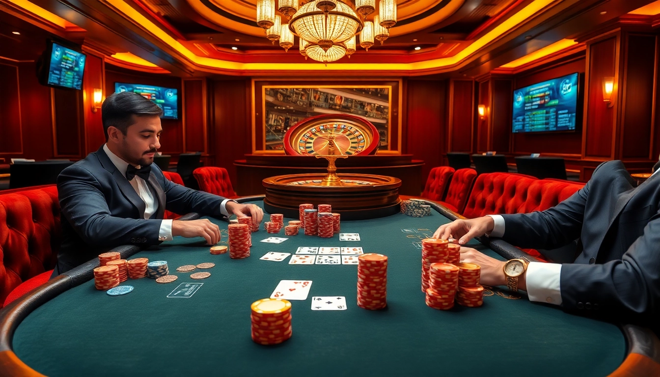 Découvrez l'excitation des meilleurs casinos en ligne avec un cadre de jeu de poker luxueux mettant en valeur des jetons et des cartes vibrants.